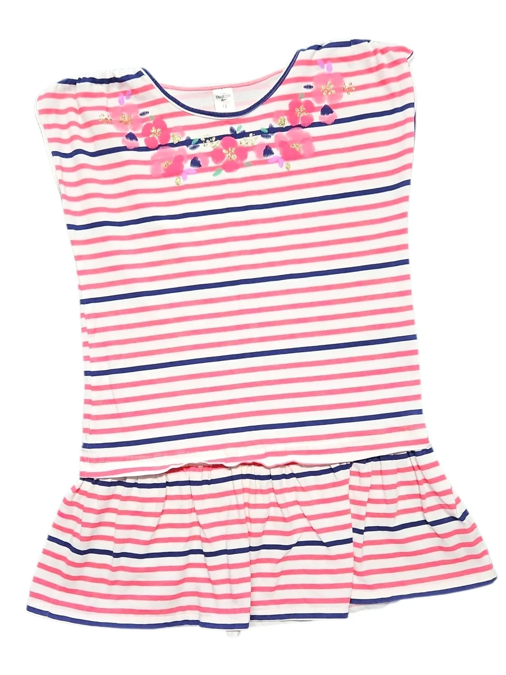 OshKosh B'gosh Girls Pink & White Striped Dress Size 12 Floral Gold Detail